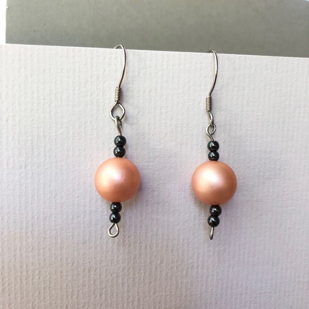 Peach and Gray Dangle Statement Earrings Hook Upcycled Faux Pearls Handmade Gift